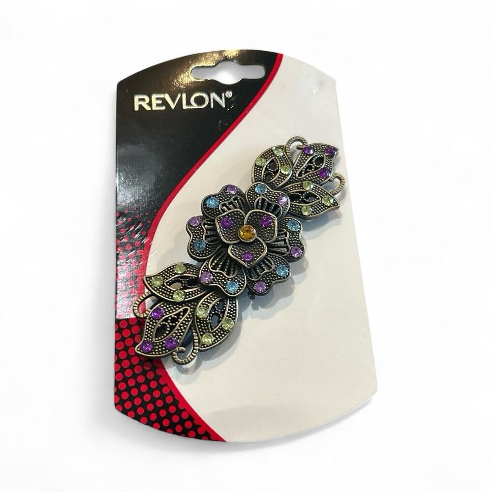 Y2K Revlon Metal Flower Hair Barrett Broche Rhinestones Floral